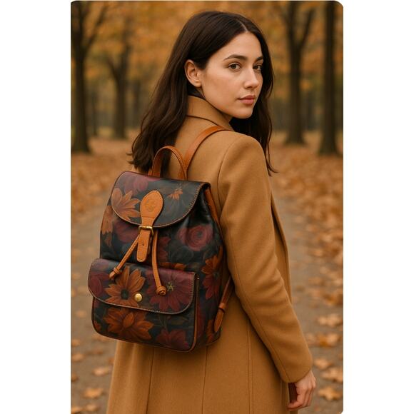 Patricia Nash Leather Drawstring Bucket Floral Backpack Purse Soft Lined Pockets - Picture 9 of 16